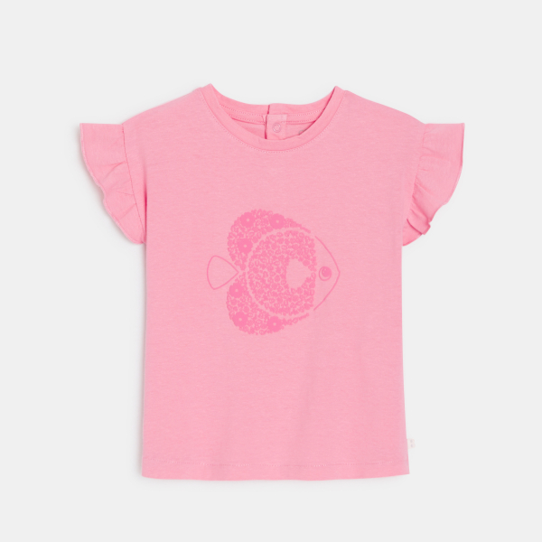 تيشيرت بأكمام مكشكشة، وردي اللون، مرسوم عليه سمكة، للطفلة الصغيرة